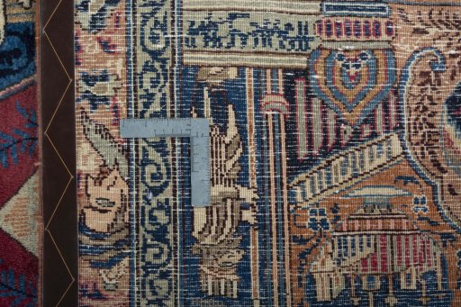 Backside of handmade 1970s Kashmar rug showing knot structure and weave density