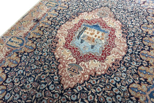 Backside of handmade 1970s Kashmar rug showing knot structure and weave density