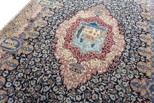 Backside of handmade 1970s Kashmar rug showing knot structure and weave density
