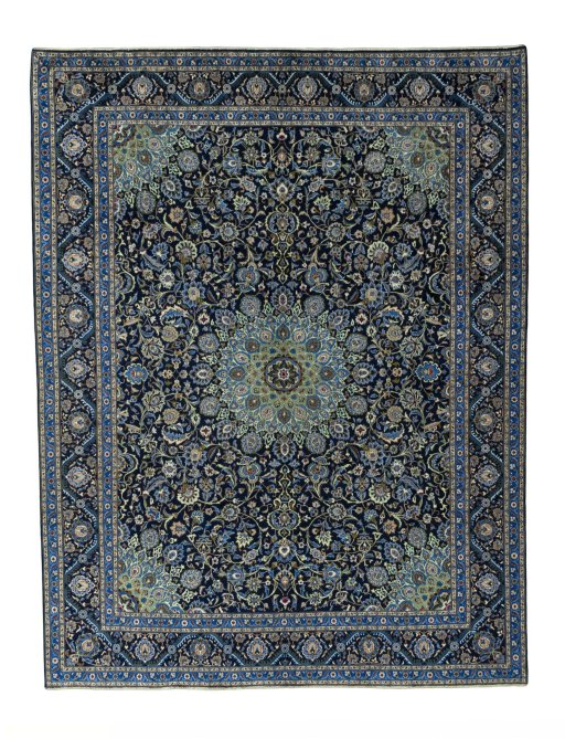 Full view of 2000s Kashmar rug from Iran / Persia, 389 × 300 cm in Blue tones