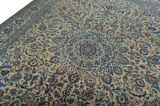 Backside of handmade 2000s Kashmar rug showing knot structure and weave density