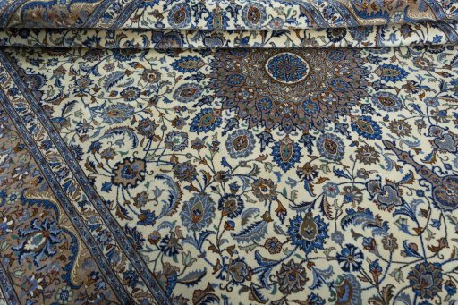 Close-up detail of 2000s Kashmar rug from Iran / Persia showing Wool weave