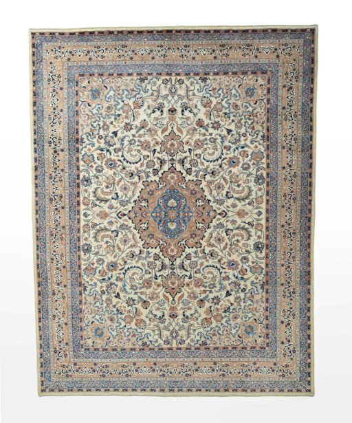 Full view of 1970s Kashmar rug from Iran / Persia, 390 × 298 cm in Beige tones