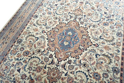 Backside of handmade 1970s Kashmar rug showing knot structure and weave density