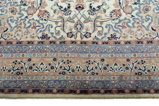 Full view of 1970s Kashmar rug from Iran / Persia, 390 × 298 cm in Beige tones