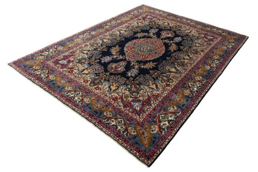 Corner detail of 2000s Kashmar rug showing border pattern and Wool pile