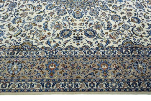 Corner detail of 2000s Kashmar rug showing border pattern and Wool pile