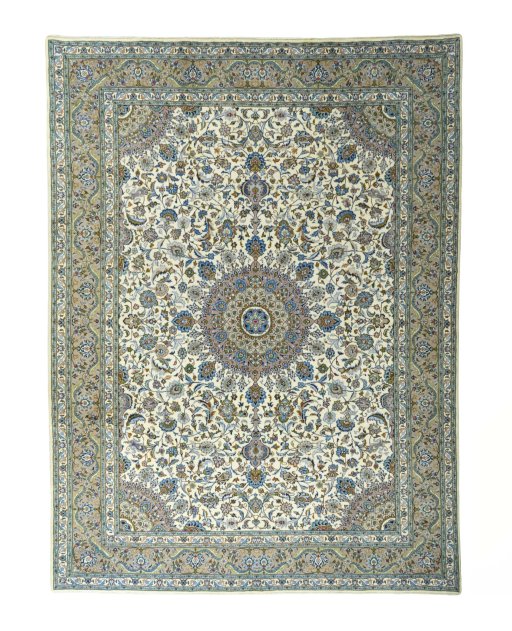 Full view of 2000s Kashmar rug from Iran / Persia, 402 × 300 cm in Beige tones