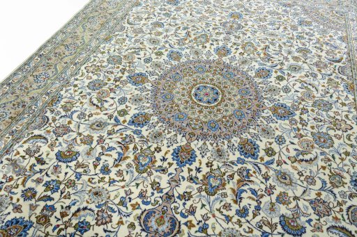 Backside of handmade 2000s Kashmar rug showing knot structure and weave density