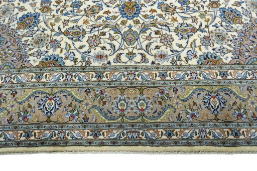 Full view of 2000s Kashmar rug from Iran / Persia, 402 × 300 cm in Beige tones