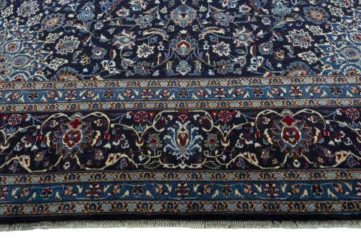 Full view of New Kashmar rug from Iran / Persia, 398 × 295 cm in Blue tones