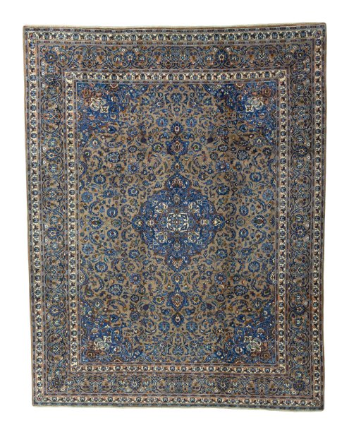 Full view of 2000s Kashmar rug from Iran / Persia, 376 × 298 cm in Brown tones