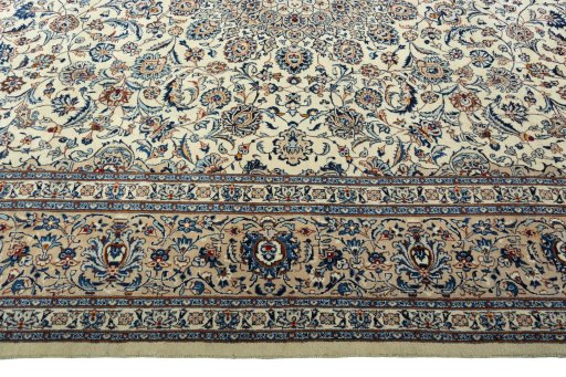 Corner detail of 2000s Kashmar rug showing border pattern and Wool pile