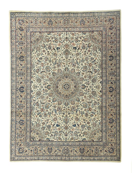 Full view of 2000s Kashmar rug from Iran / Persia, 410 × 308 cm in Beige tones