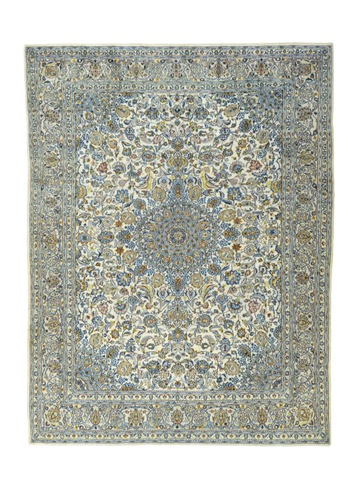 Full view of 2000s Kashmar rug from Iran / Persia, 381 × 292 cm in Beige tones