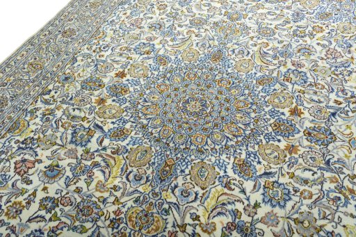 Backside of handmade 2000s Kashmar rug showing knot structure and weave density