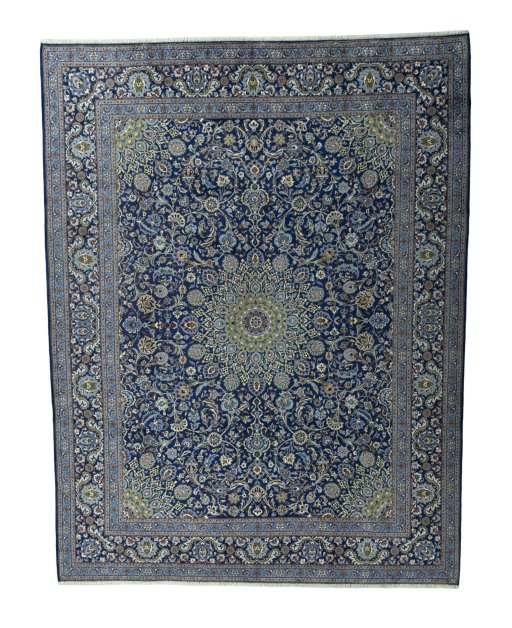 Full view of 2000s Kashmar rug from Iran / Persia, 390 × 303 cm in Blue tones