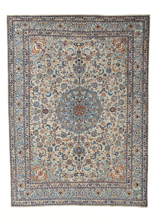 Full view of 2000s Kashmar rug from Iran / Persia, 415 × 305 cm in Beige tones