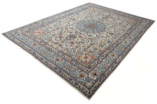 Corner detail of 2000s Kashmar rug showing border pattern and Wool pile