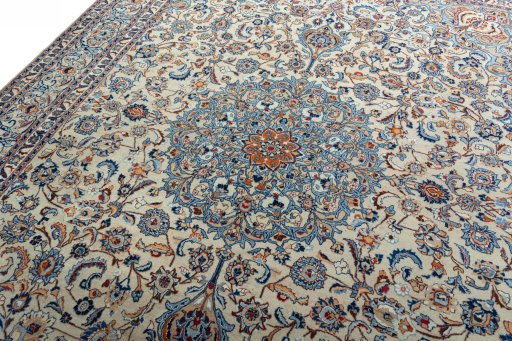 Backside of handmade 2000s Kashmar rug showing knot structure and weave density