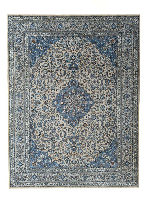Full view of 2000s Kashmar rug from Iran / Persia, 390 × 300 cm in Beige tones