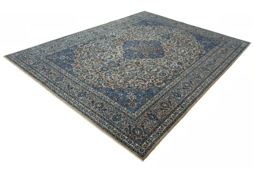 Corner detail of 2000s Kashmar rug showing border pattern and Wool pile