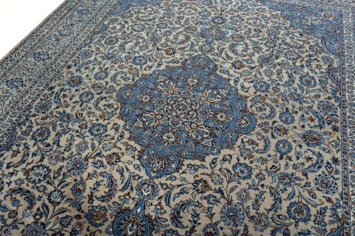Backside of handmade 2000s Kashmar rug showing knot structure and weave density