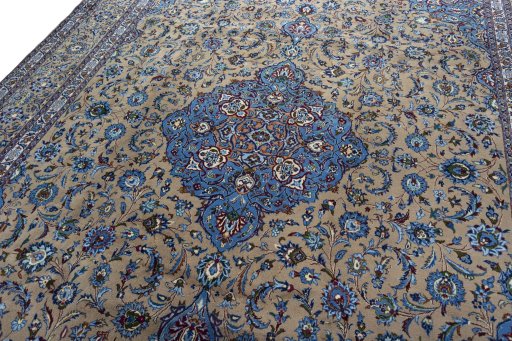Backside of handmade 2000s Kashmar rug showing knot structure and weave density