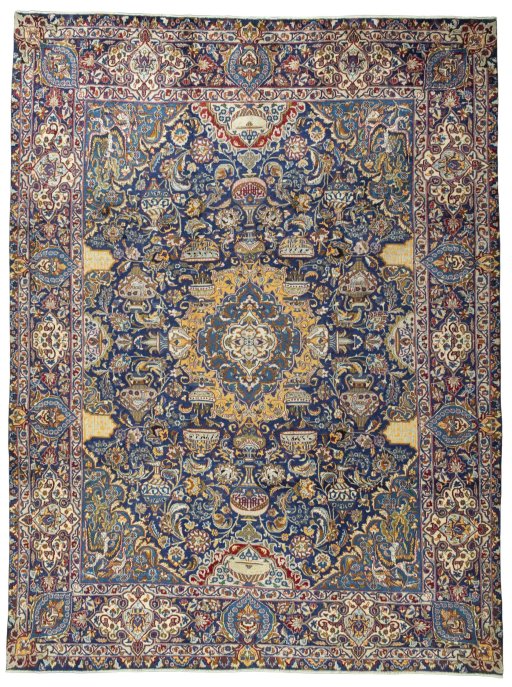 Full view of 2000s Kashmar rug from Iran / Persia, 386 × 295 cm in Blue tones