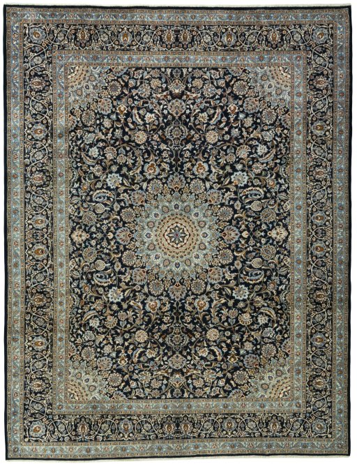 Full view of 2000s Kashmar rug from Iran / Persia, 394 × 305 cm in Blue tones
