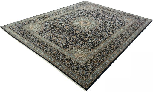 Corner detail of 2000s Kashmar rug showing border pattern and Wool pile
