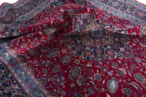 Close-up detail of 2000s Kashmar rug from Iran / Persia showing Wool weave