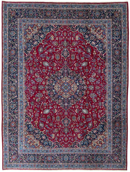 Full view of 2000s Kashmar rug from Iran / Persia, 387 × 297 cm in Red tones