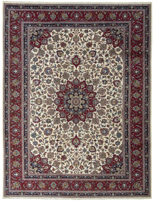 Full view of 1970s Kashmar rug from Iran / Persia, 386 × 295 cm in Beige tones