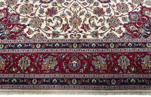 Full view of 1970s Kashmar rug from Iran / Persia, 386 × 295 cm in Beige tones