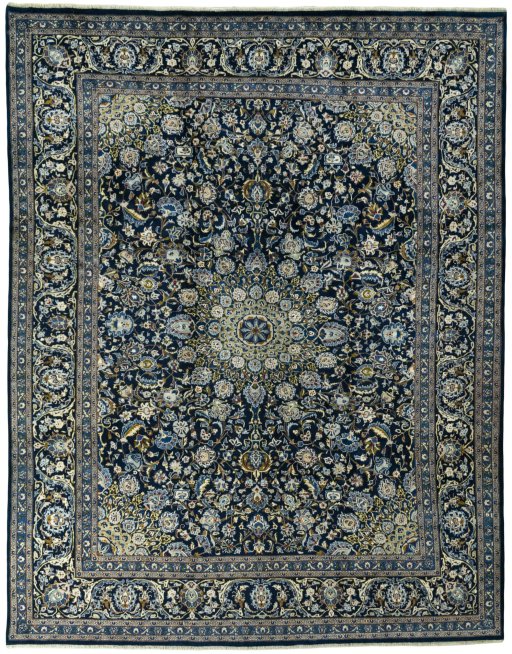 Full view of 2000s Kashmar rug from Iran / Persia, 401 × 314 cm in Blue tones