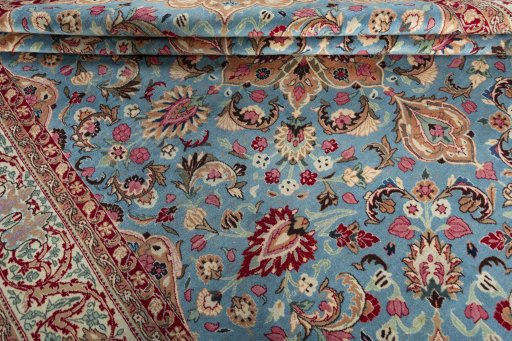 Close-up detail of 1970s Kashmar rug from Iran / Persia showing Wool weave