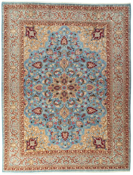 Full view of 1970s Kashmar rug from Iran / Persia, 384 × 297 cm in Blue tones