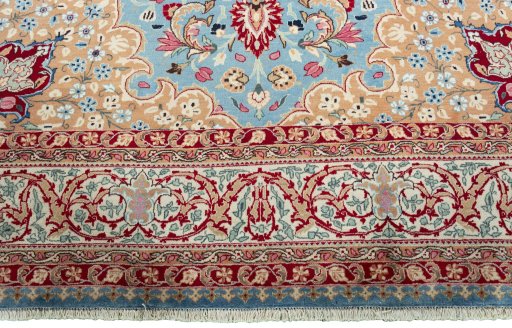 Full view of 1970s Kashmar rug from Iran / Persia, 384 × 297 cm in Blue tones
