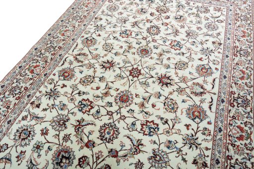 Backside of handmade New Kashmar rug showing knot structure and weave density