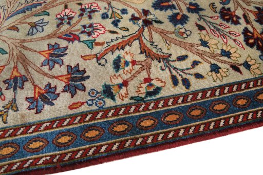 Backside of handmade 1990s Kashmar rug showing knot structure and weave density