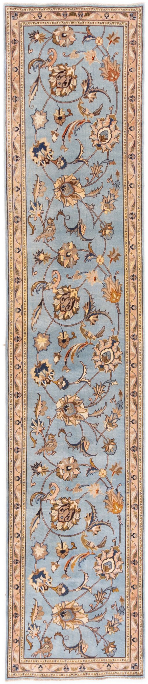 Full view of 1980s Kashmar rug from Iran / Persia, 385 × 77 cm in Blue tones
