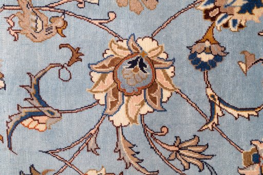 Full view of 1980s Kashmar rug from Iran / Persia, 385 × 77 cm in Blue tones