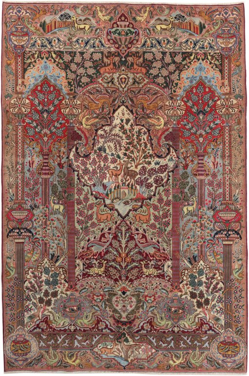 Full view of 1990s Kashmar rug from Iran / Persia, 300 × 198 cm in Multi Color tones