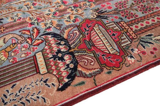 Backside of handmade 1990s Kashmar rug showing knot structure and weave density