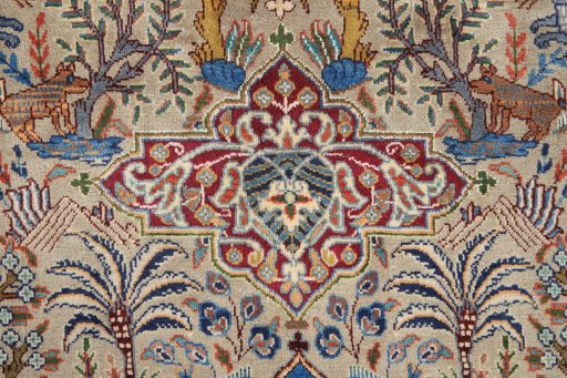 Corner detail of 1980s Kashmar rug showing border pattern and Wool pile