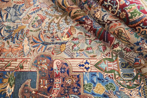 Backside of handmade 1980s Kashmar rug showing knot structure and weave density