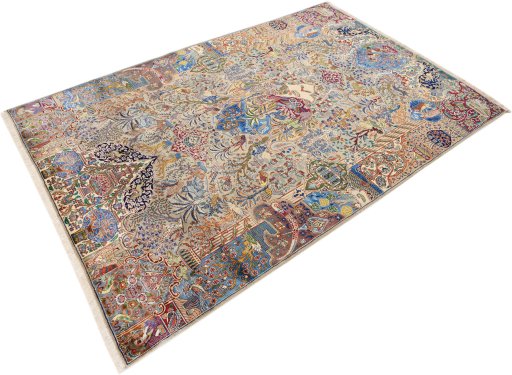 Corner detail of 1980s Kashmar rug showing border pattern and Wool pile
