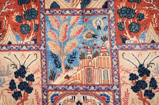 Corner detail of 1980s Kashmar rug showing border pattern and Wool pile
