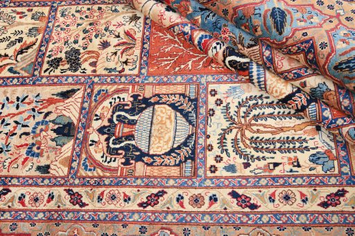 Backside of handmade 1980s Kashmar rug showing knot structure and weave density